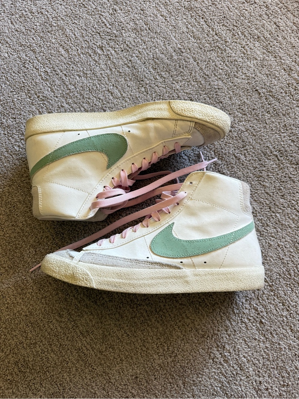 Nike White High-Top Sneakers with Mint Green Swoosh and Pink Laces